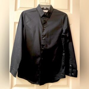 Boys Sz 16 Calvin Klein Cotton Button Down Long Sleeve Shirt Slim Fit Black nwot
